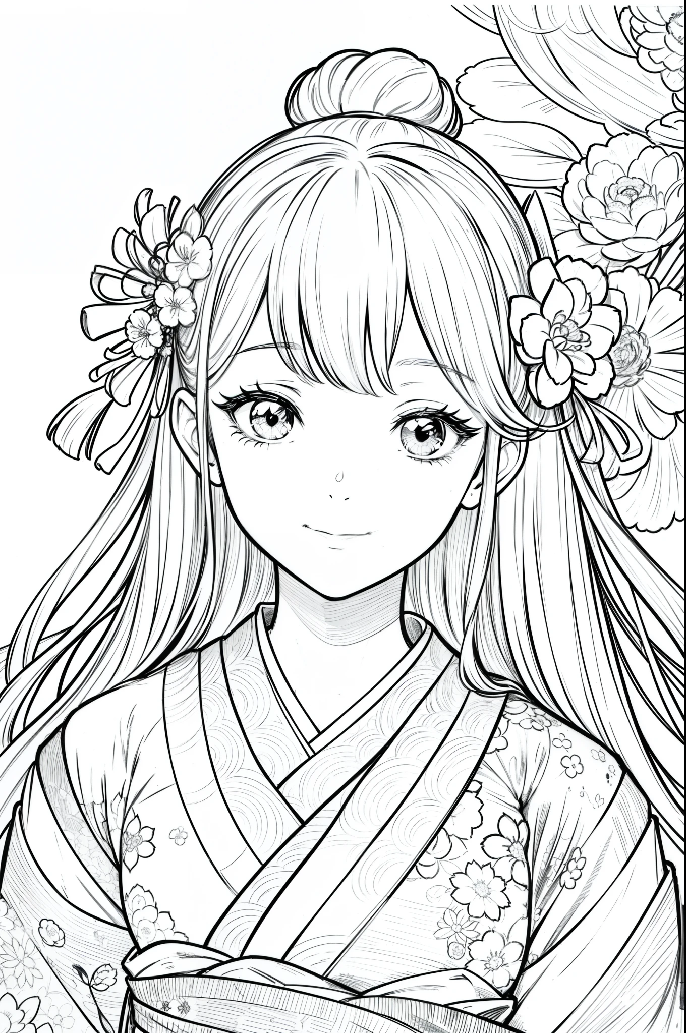 Masterpiece, top class, unique, cute, flowers, line drawing background, white background, monochrome, line drawing, ((sketch)), creepy, white eyes, create a monochrome coloring book that even adults can easily do, a realistic and cute ukiyo-e of a smiling girl wearing a kimono with Mount Tsukuba in the background, hold it in your hand with your smartphone and convey Japanese culture.