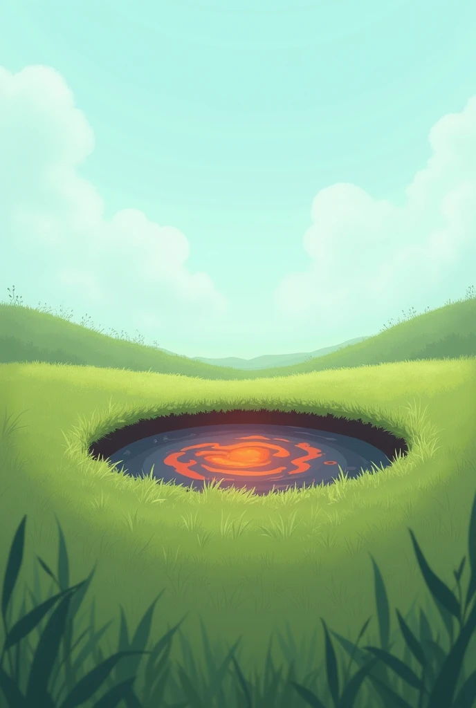Snall lava circle pool surrounding light green grass and background light blue sky

