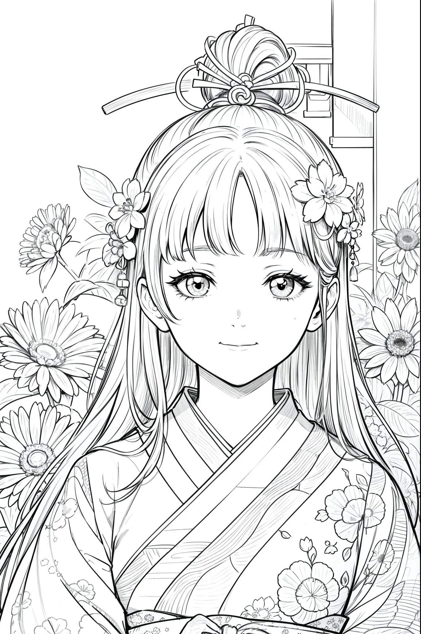 Masterpiece, top class, unique, cute, flowers, line drawing background, white background, monochrome, line drawing, ((sketch)), creepy, white eyes, create a monochrome coloring book that even adults can easily do, a realistic and cute ukiyo-e of a smiling girl wearing a kimono with Mount Tsukuba in the background, hold it in your hand with your smartphone and convey Japanese culture.