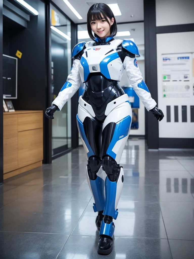 Japanese female android,Black Hair,White and blue robot suit,Plump,Walking in the museum,smile