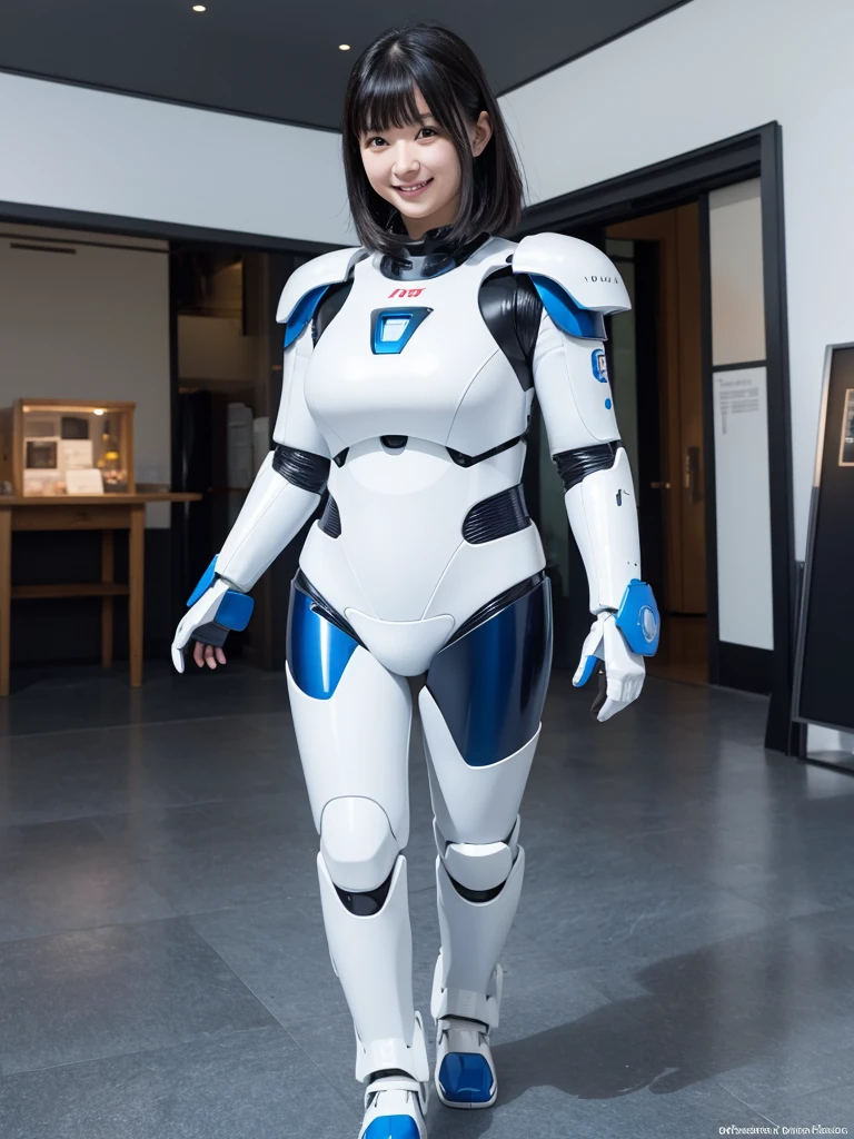 Japanese female android,Black Hair,White and blue robot suit,Plump,Walking in the museum,smile