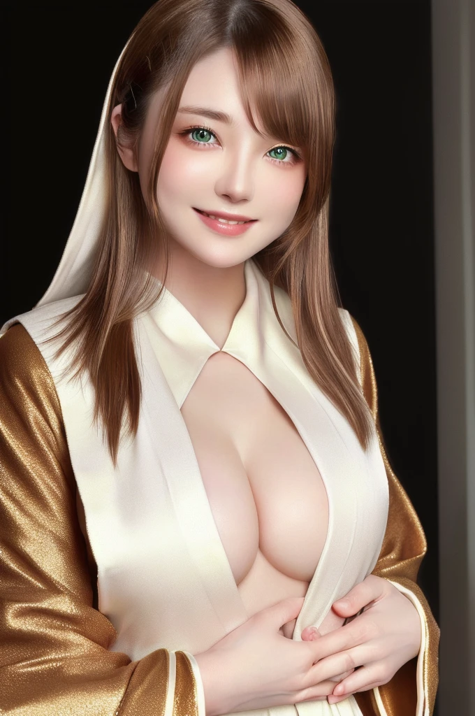 (masterpiece:1.3), (8k, photorealistic, RAW photo, best quality: 1.4), (1girl), ((folding hands on her chest)), beautiful face, (realistic face), (white long hair:1.3), beautiful hairstyle, realistic eyes, beautiful detailed eyes, (realistic skin), beautiful skin, attractive, ultra high res, ultra realistic, highly detailed, golden ratio, (brown robe:1.5), soft smile, sparkle eyes, blush, accent color in her hair, smile, oily hair, green eyes, (brown image:1.3), (hold hands on chest)