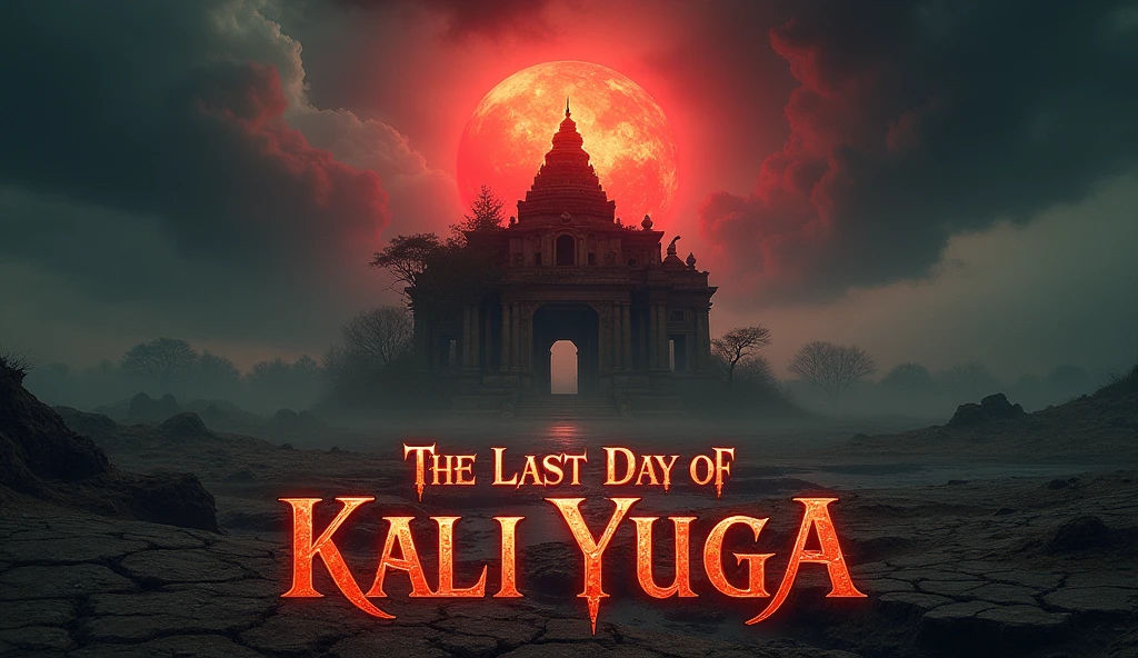 "A striking, realistic-style thumbnail image depicting the end of the Kali Yuga. The scene shows a dark, ominous sky with thunderous clouds and a setting blood-red sun on the horizon, symbolizing the last day of Kali Yuga. In the foreground, a ruined temple, partially covered with overgrown vines, represents the decay of spirituality. The barren landscape features cracked earth and dry rivers, signifying the destruction of natural resources.The text 'The Last Day of Kali Yuga' is prominently displayed in bold, ancient script, slightly weathered, and glowing faintly, adding a mystical and foreboding touch to the image."