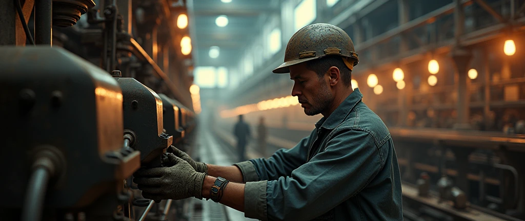1 factory worker, industrial factory, realistic, photorealistic, highly detailed, 8k, hyper-realistic, ultra-detailed, industrial machinery, metal, steel, concrete, steam, gears, pipes, industrial setting, workshop, heavy industry, blue collar workers, dirty, hardworking, sweat, intense focus, safety equipment, hazardous environment, warm lighting, dramatic shadows, depth of field, cinematic composition