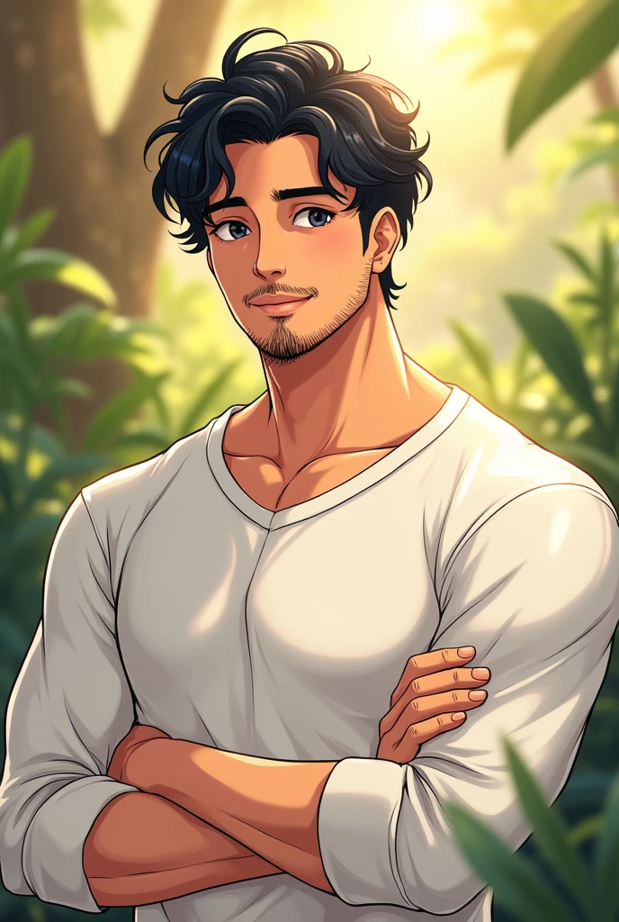 male, adult man, gentle eyes, black eyes, small eyes, smiling, stubble beard, muscle body, black hair, wavy hair, white shirt with long sleeve, relaxed pose, anime, intricate details, warm colors, garden background, warm lighting