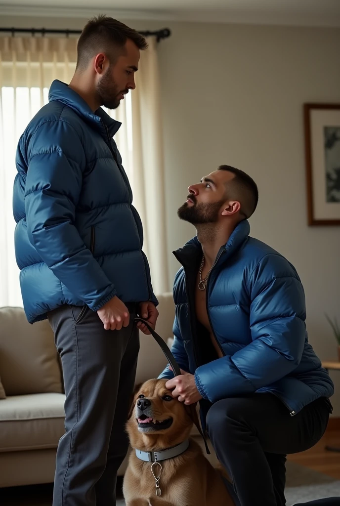 Create a hyper-realistic, RAW, high-resolution image showing two extremely handsome masculine simple, brightly lit living room. The wonderful and seductive uncle, 4, with short hair and signs of baldness, wears dark pants and an *extremely shiny blue nylon puffer jacket* open that exposes his hairy chest and slightly prominent belly. He is kneeling on the ground, *wearing a collar around his neck*, being pulled by his handsome and domineering nephew, a handsome 2 man with a naturally attractive physique, *dressed in a dress shirt and dress pants*, with a visible posture of dominant next to his wonderful, sensual and submissive uncle. (((The *handsome nephew pulls his uncle's leash with a confident and authoritative expression*, while his uncle, *kneeling*, looks up with a submissive expression))). The room has high natural lighting, with natural and comfortable decoration that enhances the realism of the scene. The image must capture every detail accurately, highlighting the interaction and role contrast between the two men. High resolution, Super detail, Best quality, Anatomically correct, Accurate.