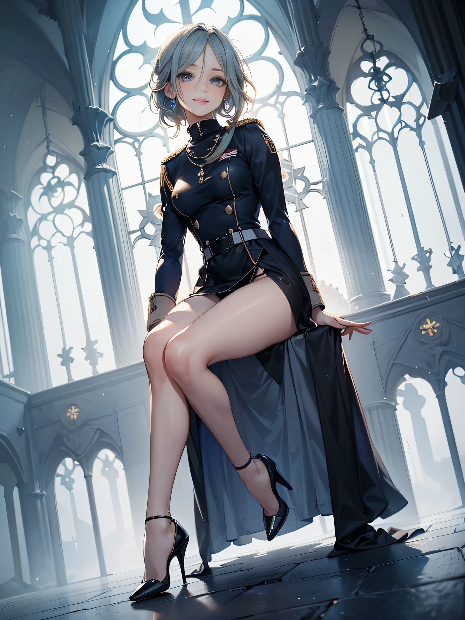 ((Biologically correct limb count)),(( From head to toe,Full-body photo including face)),4K,masterpiece,((Focus on the face)),((Symmetrical facial features)),Eyes with detailed description,Beautiful woman,Great style,Beautiful arms,Beautiful legs,Beautiful Hands,(Small Ass,Thin thighs),Detailed depiction of the face,Small earrings,necklace,((Enamel Officer Uniform,dress(High heels))),((early morning)),(((blue blonde))),Realistic photo,Looking up,smile,((Sagrada Familia,Panty shot)),Nobody is here,(Thick Fog),Ronk Hair,(Sitting at an angle:1.4)