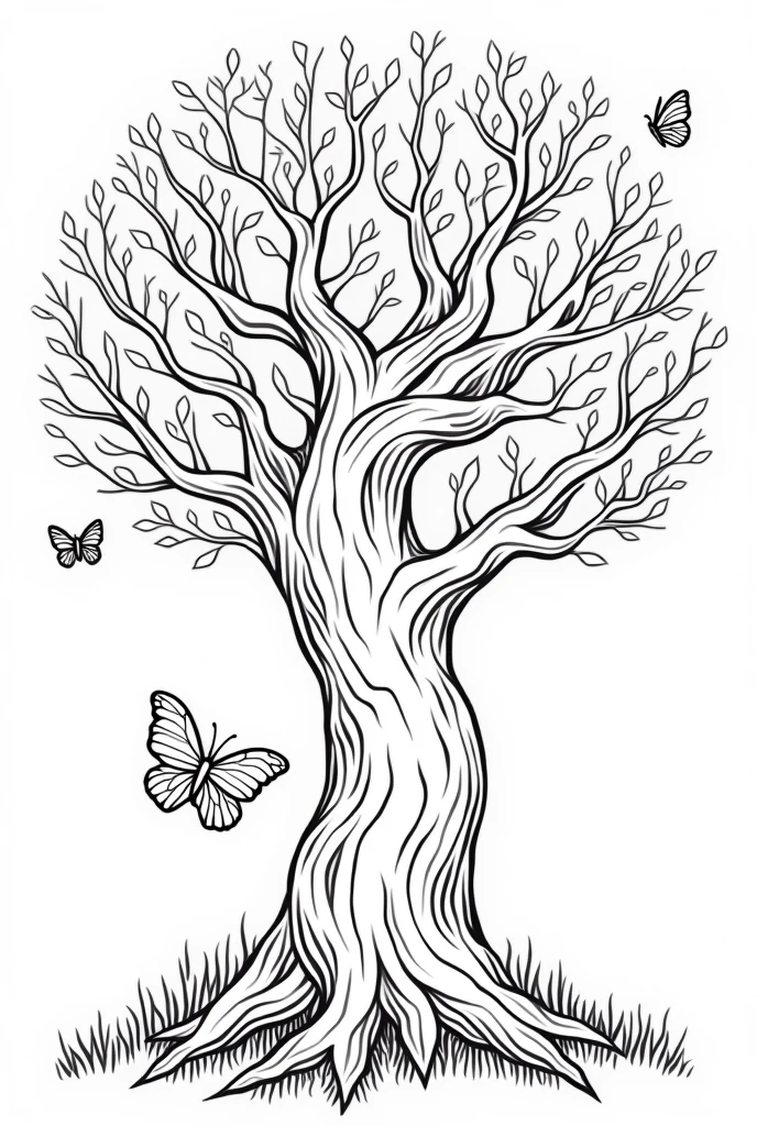 Create me a coloring picture of a magical tree with butterflies, for coloring with large white areas and strong black lines
