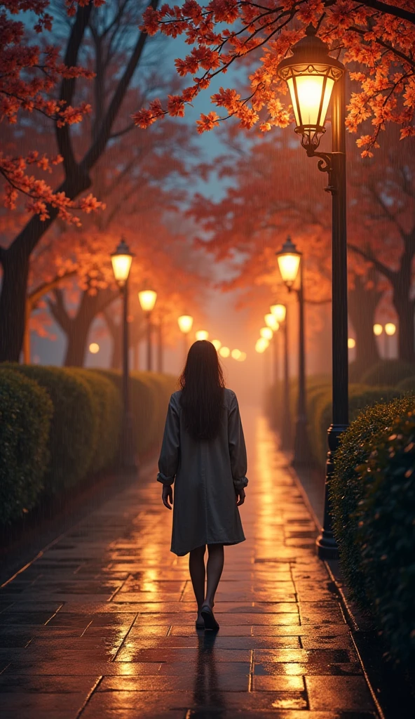 visual image or photograph,long shot photo,moonlit night ,rain.highlight the depth of field and quality, conveying a sense of happiness and a good life despite the rainy weather season, autumn season,walking street, lantern street light,rain drops,tree flower in street line.