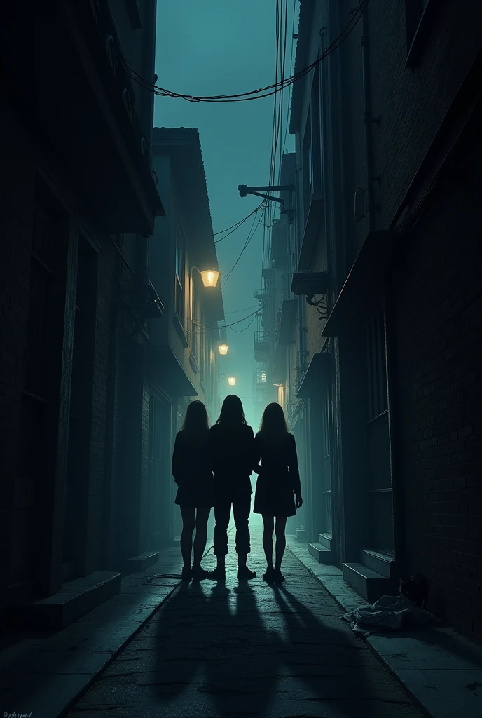 A dimly lit alley at night with three friends standing at the entrance. The alley should look mysterious, with shadows and faint lights at the far end.