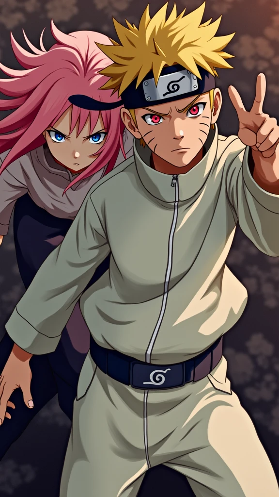 a highly detailed portrait of naruto uzumaki and sakura haruno from the anime series naruto, beautiful detailed eyes, beautiful detailed lips, extremely detailed eyes and face, long eyelashes, intricate facial features, detailed hair, detailed ninja outfits, dynamic action poses, cinematic lighting, highly detailed background, vibrant colors, digital painting, masterpiece, hyper realistic, 8k, photorealistic