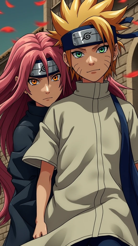 a highly detailed portrait of naruto uzumaki and sakura haruno from the anime series naruto, beautiful detailed eyes, beautiful detailed lips, extremely detailed eyes and face, long eyelashes, intricate facial features, detailed hair, detailed ninja outfits, dynamic action poses, cinematic lighting, highly detailed background, vibrant colors, digital painting, masterpiece, hyper realistic, 8k, photorealistic
