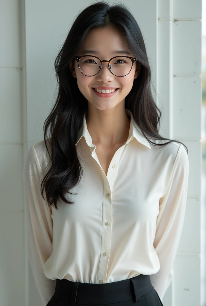 "Create an image of an 1 Asian woman, a teacher wearing glasses, with a cute face smiling. The image should be full-body, slightly revealing, youthful, and realistic."