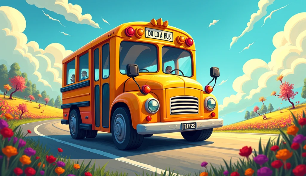 The wheels on the bus go round and round,
Round and round,
Round and round.
The wheels on the bus go round and round,