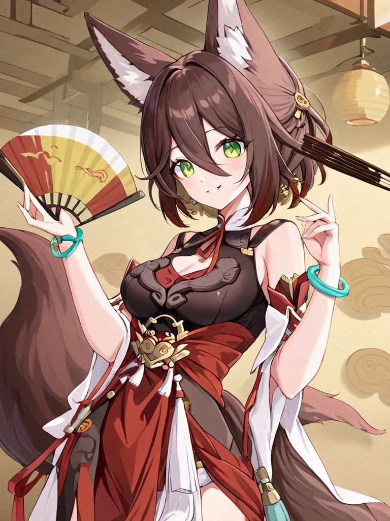 ultra-detailed,(best quality),((masterpiece)),(highres),original,extremely,tingyun, 1girl, animal ears, green eyes, hand fan, tail, solo, breasts, fox ears, brown hair, multicolored hair, looking at viewer, detached sleeves, holding, smile, jewelry, holding fan, hair between eyes, animal ear fluff, bare shoulders, short hair, fox tail, bracelet, dress