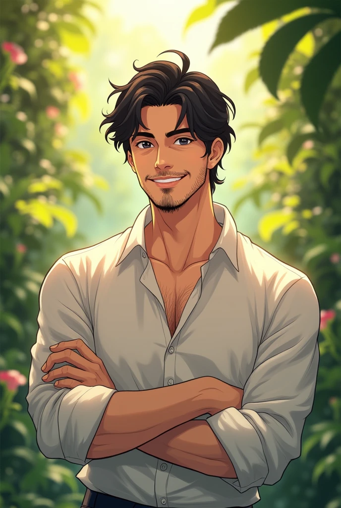 male, adult man, light skin, gentle eyes, black eyes, small eyes, smiling, stubble beard, muscle body, black hair, wavy hair, white shirt with long sleeve, relaxed pose, anime, intricate details, warm colors, garden background, warm lighting