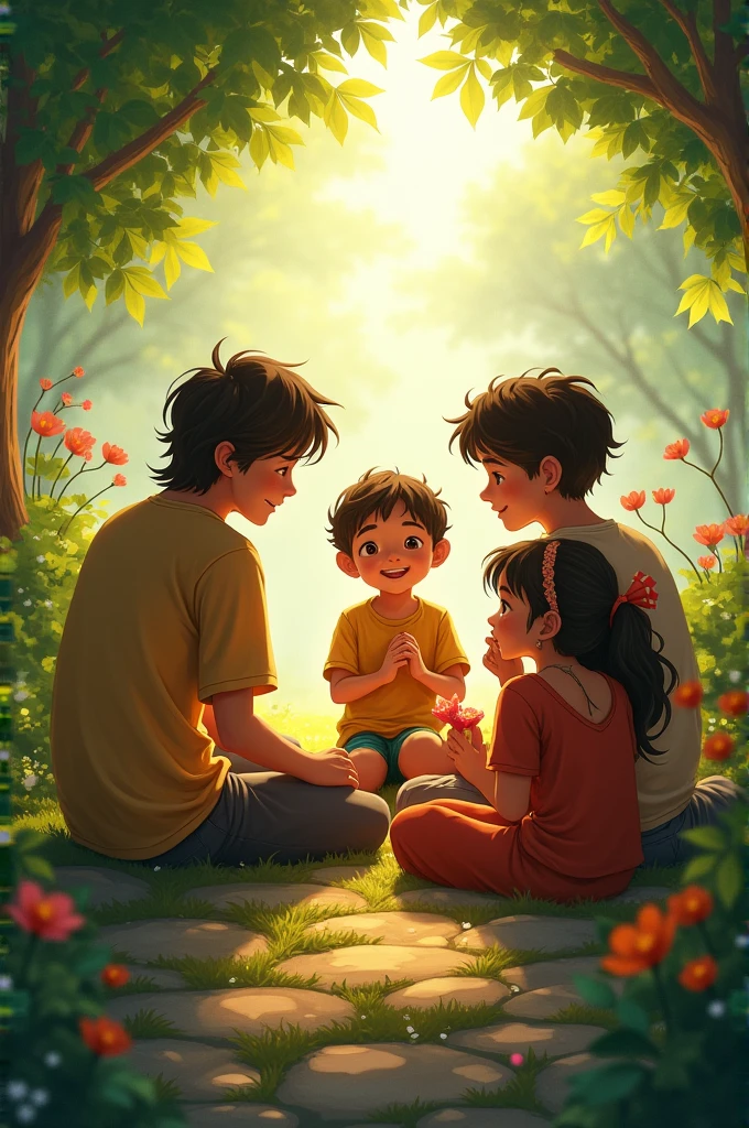 A nostalgic scene showing Ali and his friends reminiscing about their magical garden adventure, with a dreamy, memory-like atmosphere."