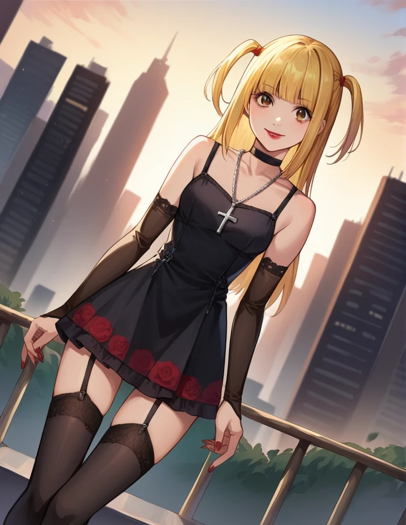 score_9, score_8_up, score_7_up, source_anime,
misaamane, misa amane, long hair, bangs, brown eyes, yellow hair, blunt bangs, two side up, red lips, lipstick, smile,
thighhighs, dress, jewelry, collarbone, boots, detached sleeves, choker, black thighhighs, necklace, black footwear, black dress, sleeveless dress, garter straps, black choker, short dress, floral print, cross, red nails, cross necklace,
outdoors, cityscape,
looking at viewer, dutch angle, cowboy shot