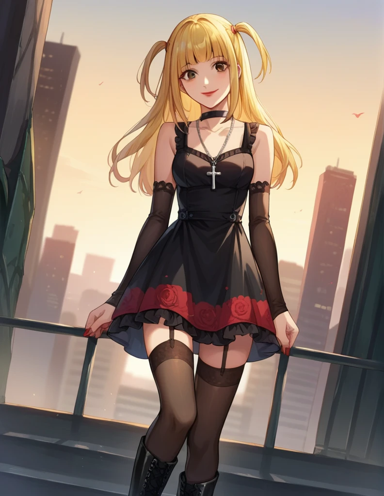 score_9, score_8_up, score_7_up, source_anime,
misaamane, misa amane, long hair, bangs, brown eyes, yellow hair, blunt bangs, two side up, red lips, lipstick, smile,
thighhighs, dress, jewelry, collarbone, boots, detached sleeves, choker, black thighhighs, necklace, black footwear, black dress, sleeveless dress, garter straps, black choker, short dress, floral print, cross, red nails, cross necklace,
outdoors, cityscape,
looking at viewer, dutch angle, cowboy shot