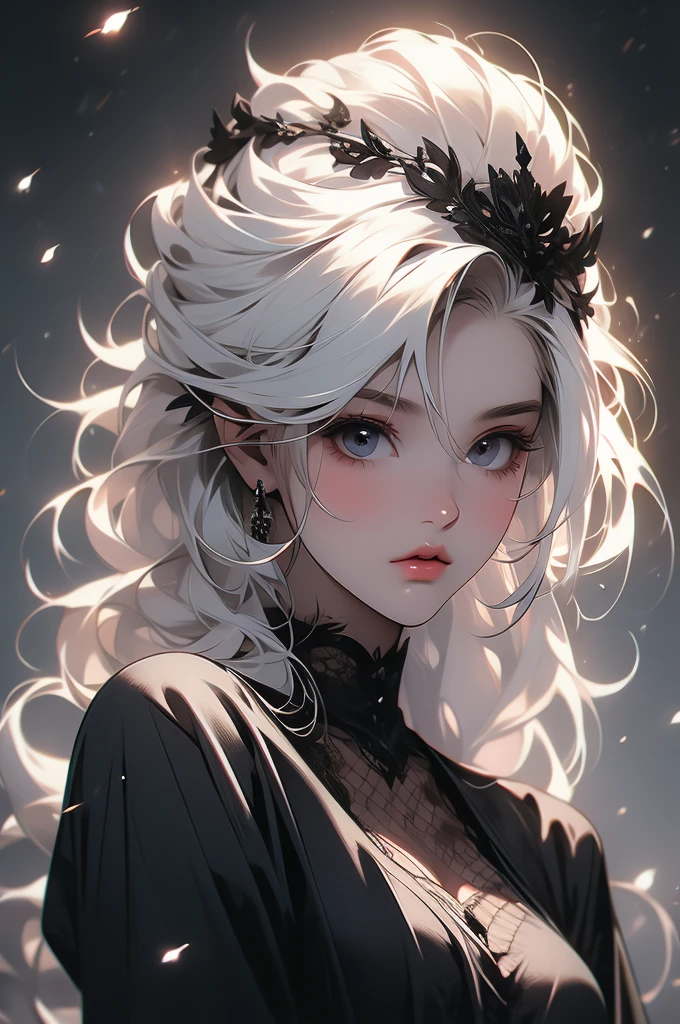 1 girl, black dress, black skin, abyss, darkness, white hair, prisoner