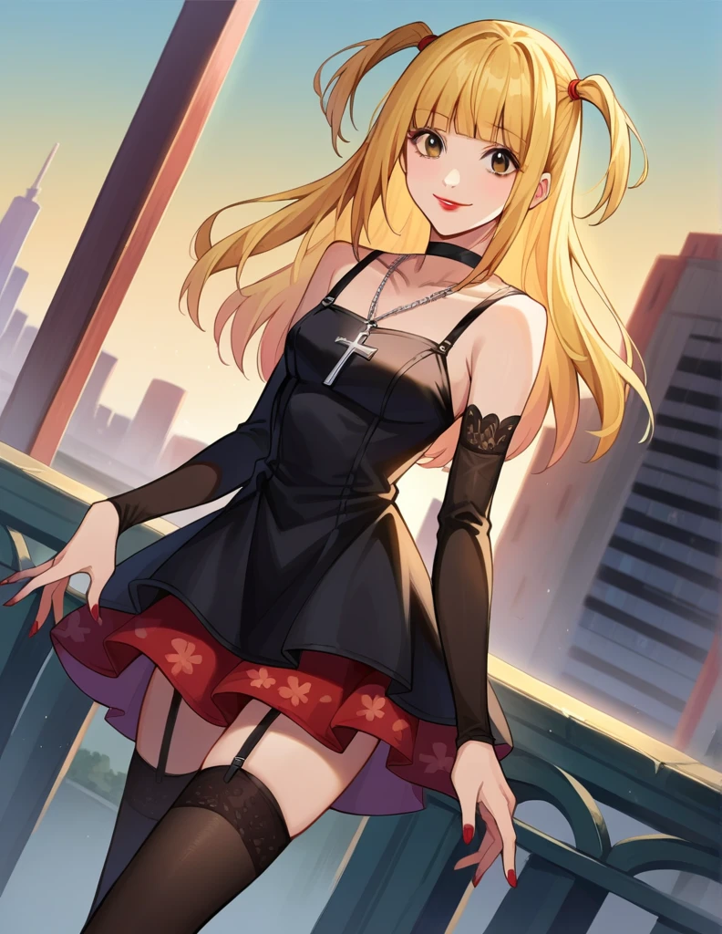 score_9, score_8_up, score_7_up, source_anime,
misaamane, misa amane, long hair, bangs, brown eyes, yellow hair, blunt bangs, two side up, red lips, lipstick, smile,
thighhighs, dress, jewelry, collarbone, boots, detached sleeves, choker, black thighhighs, necklace, black footwear, black dress, sleeveless dress, garter straps, black choker, short dress, floral print, cross, red nails, cross necklace,
outdoors, cityscape,
looking at viewer, dutch angle, cowboy shot