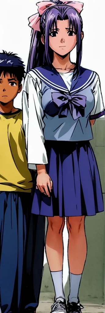 Momoko Koigakubo, a tall woman with beautiful legs, stands in a sailor uniform with a dark blue miniskirt.。A fifth grade boy is standing next to Momoko Koigakubo and is being held by her.。