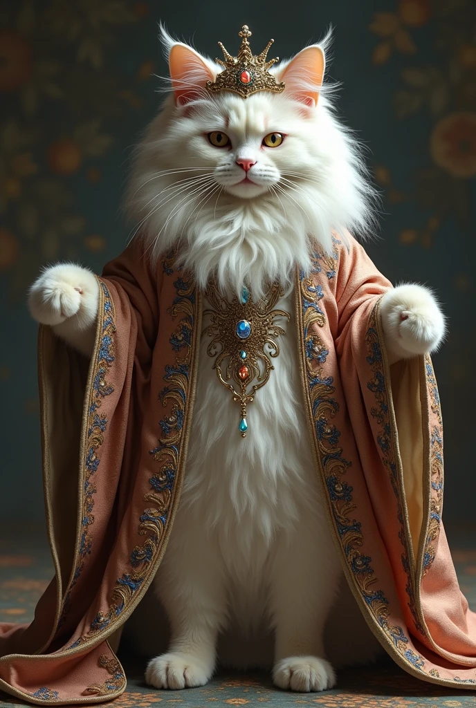 A white graceful Maine Coon cat wearing a luxurious Middle Eastern kaftan with rich embroidery and a matching headpiece. The cat walks on two legs, displaying the flowing fabric with an air of royalty.