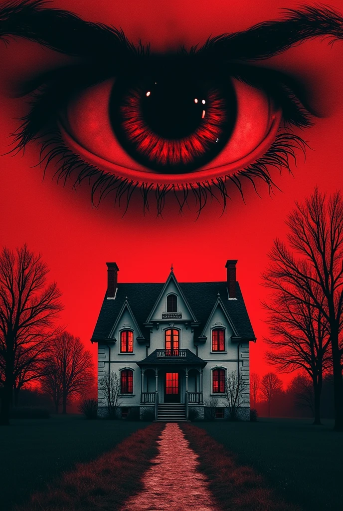 Couverture d'un livre inspiré des films : Nightmare on Elm Street. Le fond de la couverture est rouge. En bas de la couverture il y a une maison francaise. Above the house there is an angry eye. The title of the book is : The eye of the night. 