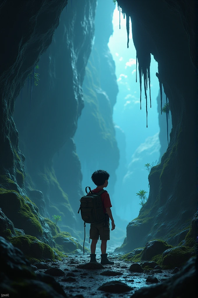 A boy in a cave