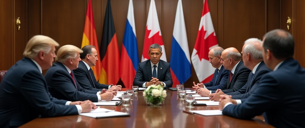 Realistic photo of a Meeting with the Presidents of the United States, Japan, Germany, Canada, France, Italy, United Kingdom and Russia; United states's flag, Japan, Germany, Canada, France, Italy, United Kingdom and Russia ao fundo.