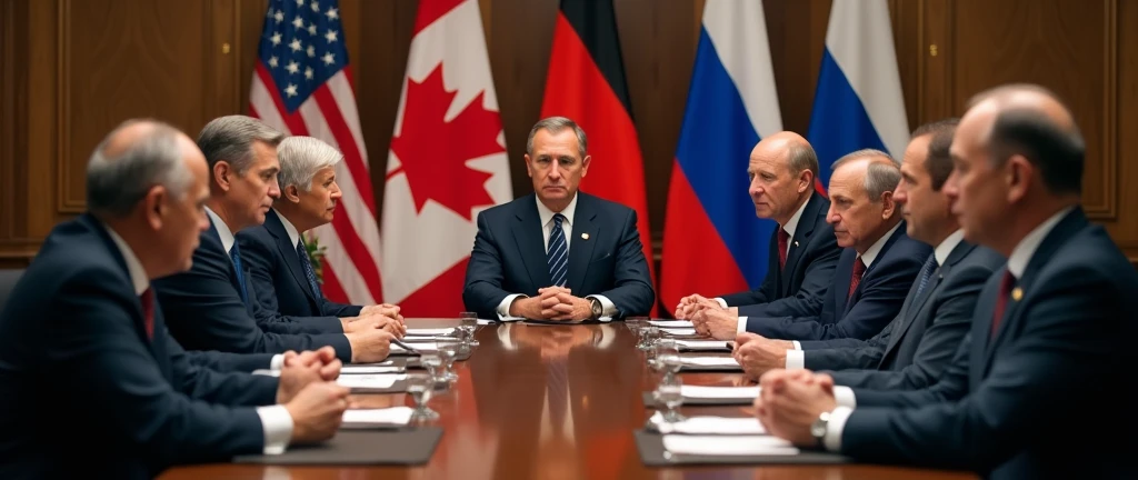 Realistic photo of a Meeting with the Presidents of the United States, Japan, Germany, Canada, France, Italy, United Kingdom and Russia; United states&#39;s flag, Japan, Germany, Canada, France, Italy, United Kingdom and Russia ao fundo. 