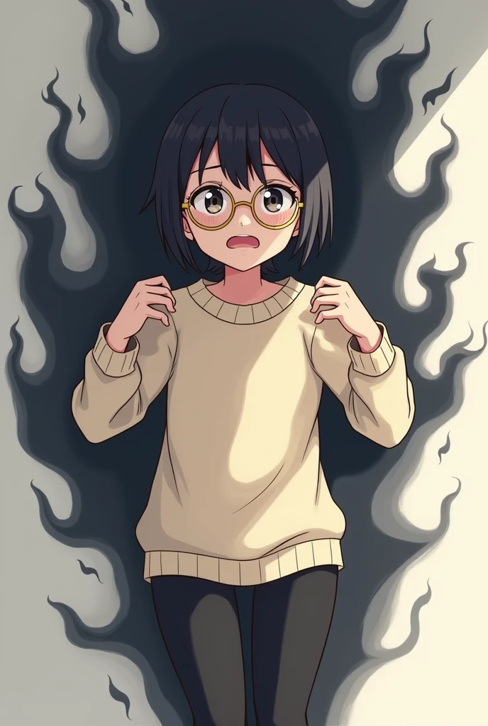 anime girl black blob short hair wearing gold glasses and cream sweater color and black legging getting possession in the mouth and pant and undershirt and struggling and getting takeovercontrol by spirit