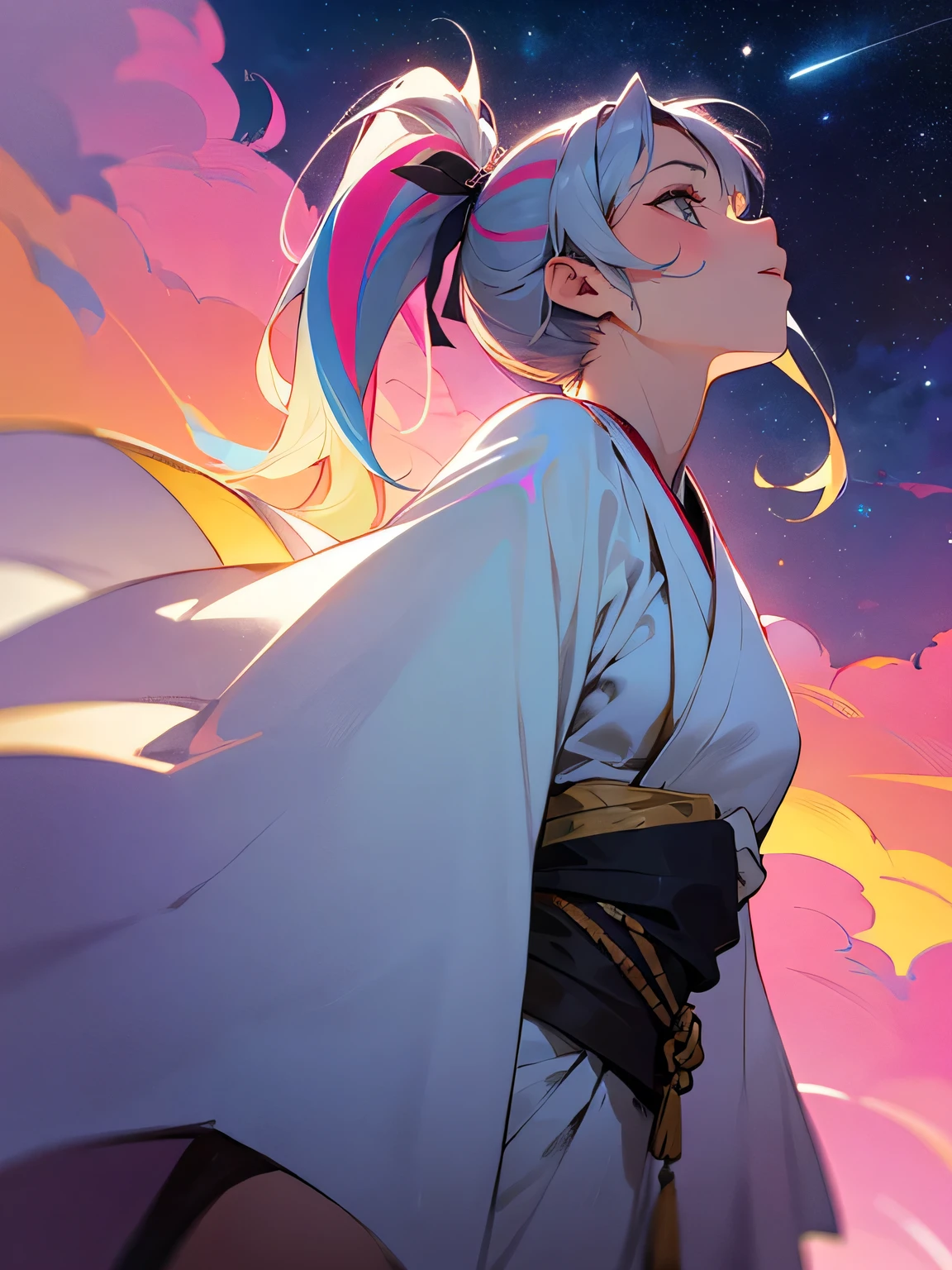 from below:1.2,solo,close up face,upperbody,sexy gal,pink multicolor streaked two side ponytail,White ancient robe, looking up at the sky, looking for something, fantastic scenery,starry sky,