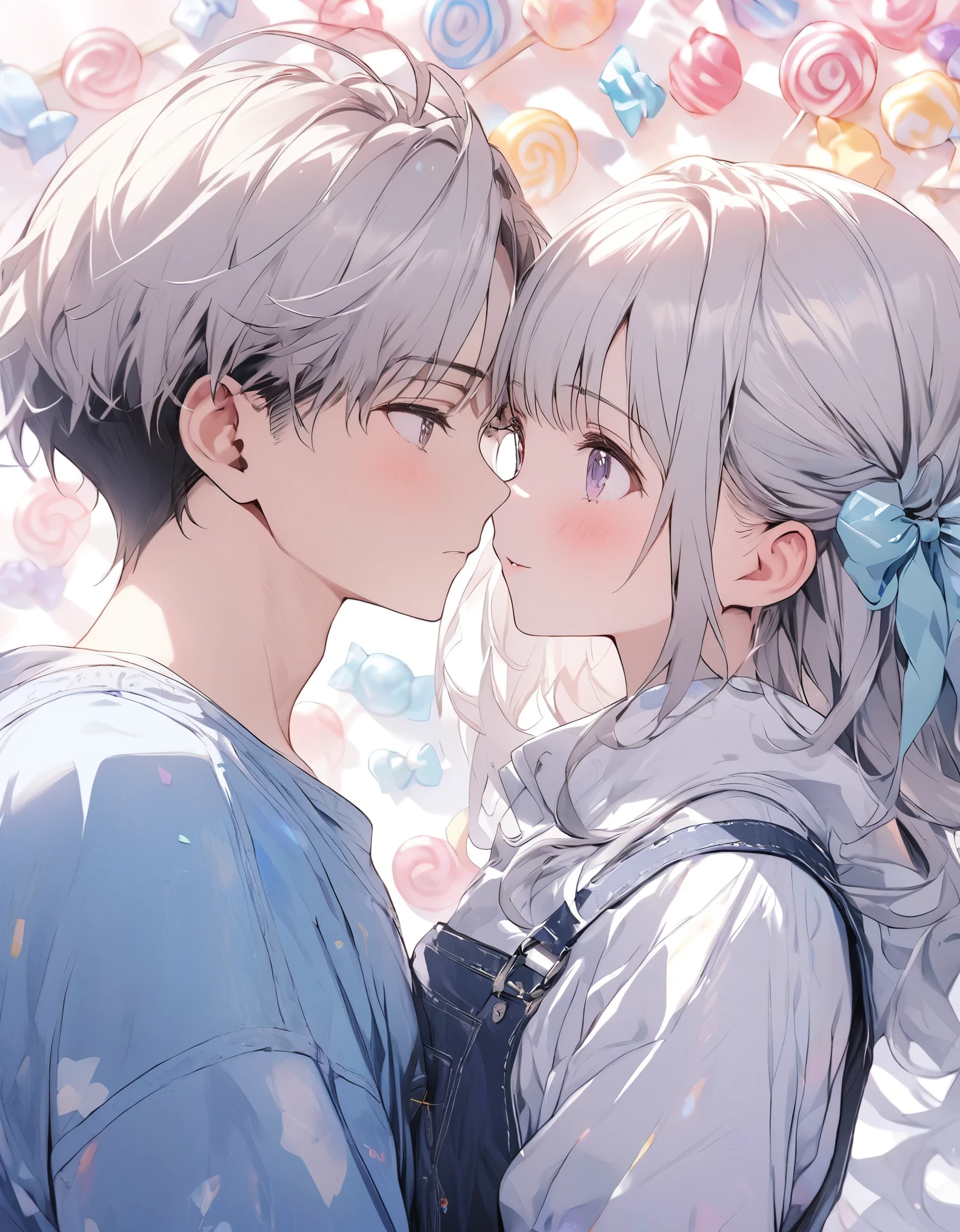 masterpiece、1 girl and 1 boy, cute look, overalls clothes, upper body, (((look at each other))), candy background