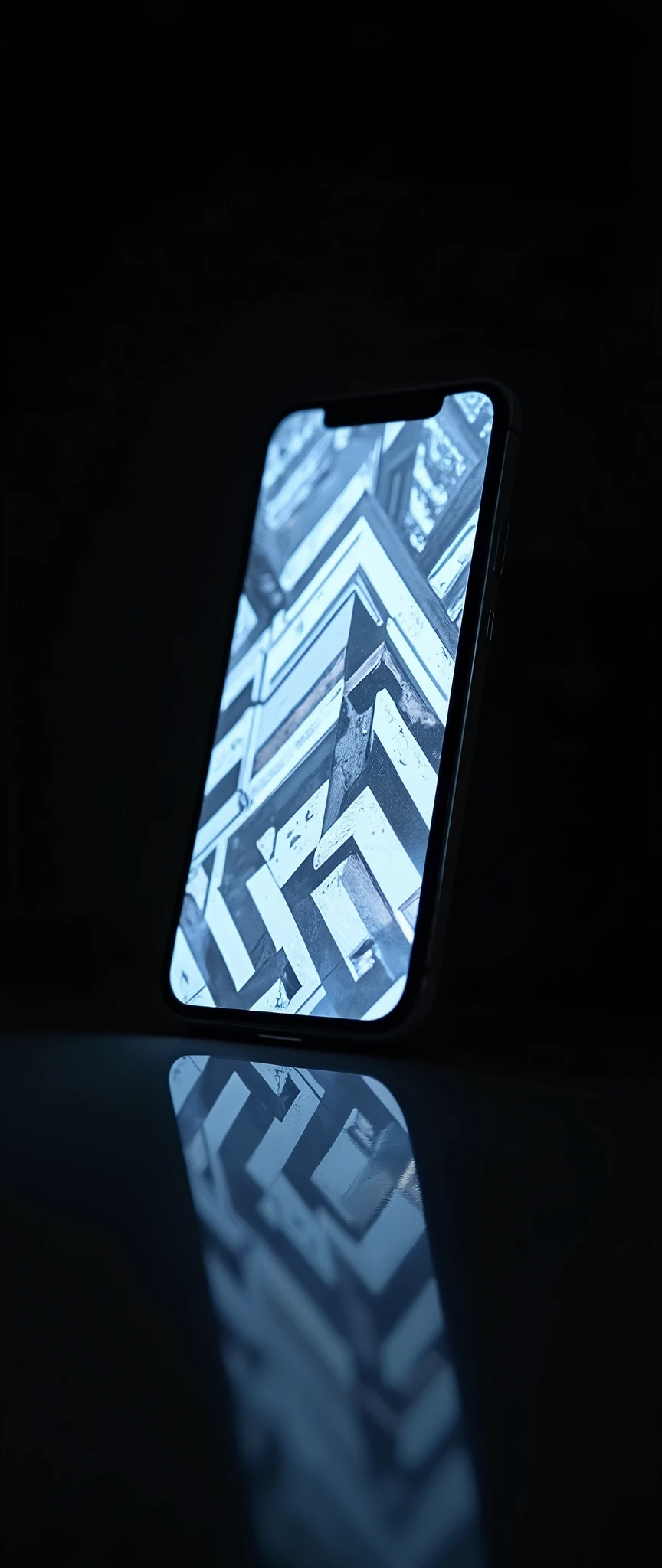 (masterpiece:1.2,Exceptional Quality,mirror-like,Cinematic Experience,Photorealistic:2.0,RAW Photos:2.0),8k,wallpaper,(Geometric patterns of light are projected onto the smartphone screen:2.0),(Smartphone advertising image),(Smartphone propped up at an angle:2.0),(Black background:Mirrored Room 2.0)