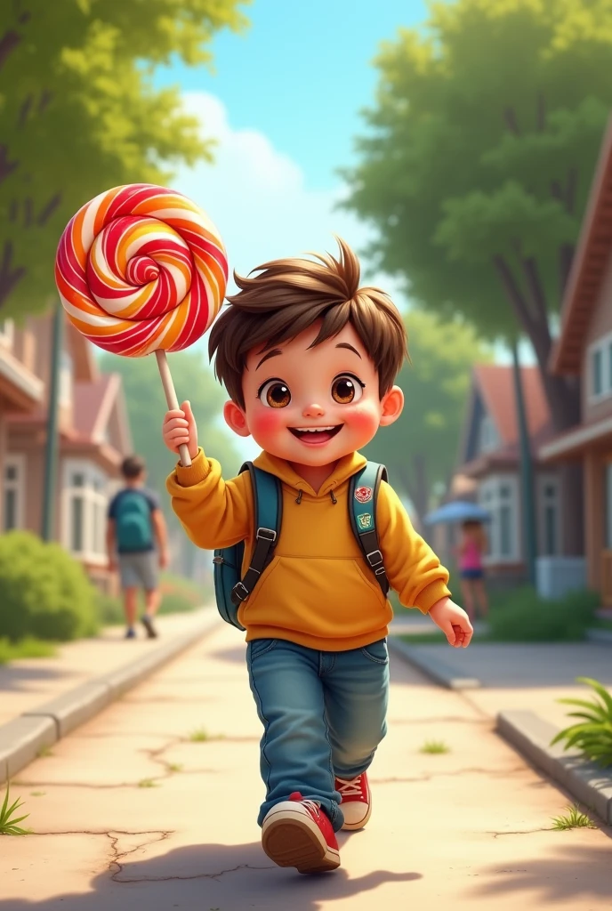 Draw me a picture , chubby boy holding lollipop going to school