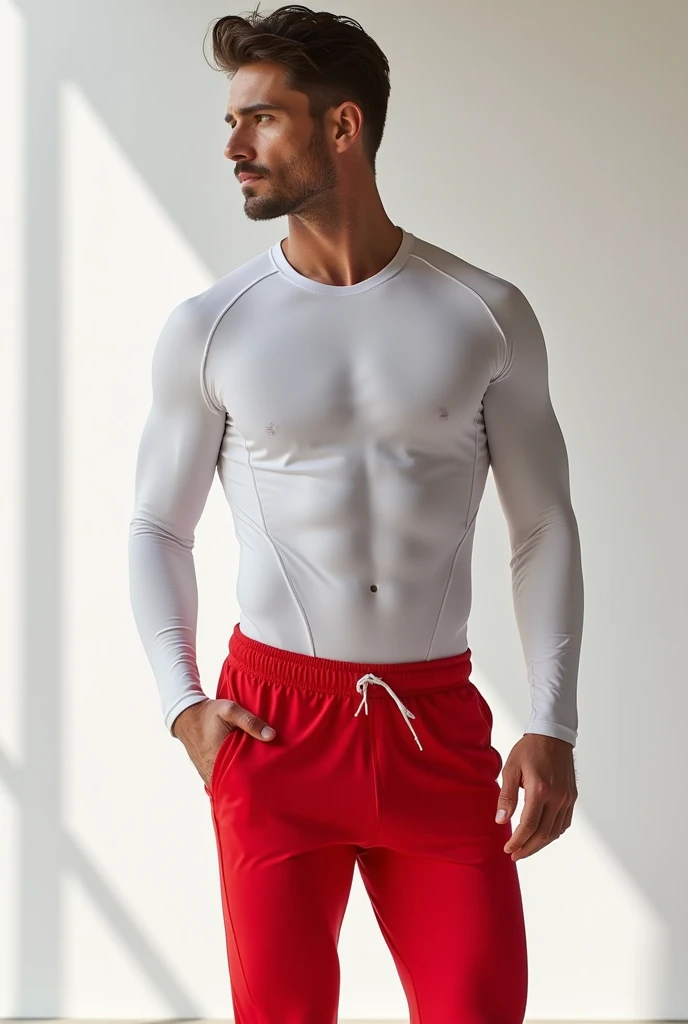 Male model showing off his white or red sportswear. 