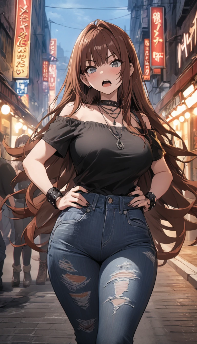 Ultra-high definition image quality、beautiful girl、Yankee girl、Reddish brown hair、Messy long hair、Gal、bustling street、Off-the-shoulder T-shirt、Distressed denim、Tight low rise denim、Highest quality, Big Ass、Thighs、Big Boobs、High cut boots、Glare、Place hands on hips、intimidating face、Hold a cigarette in your mouth、Smoke from cigarettes、Punk Fashion、Stand with legs crossed