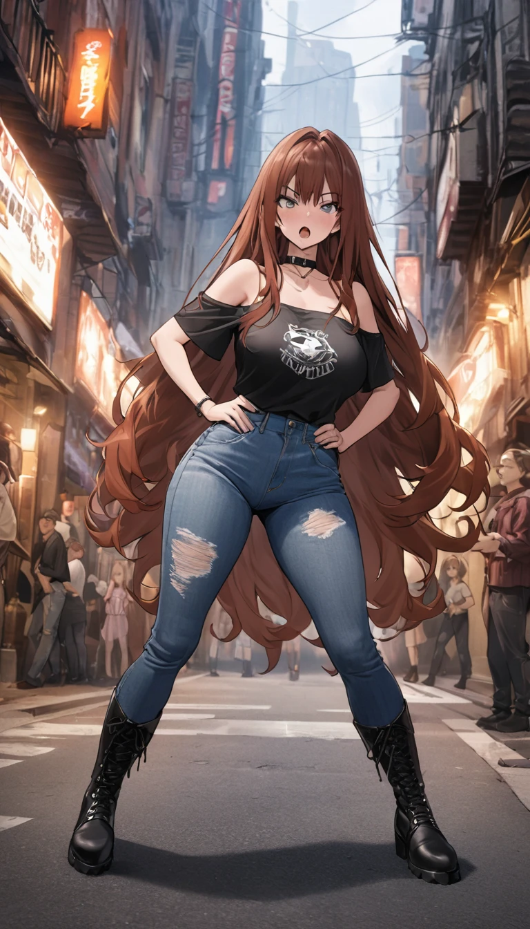 Ultra-high definition image quality、beautiful girl、Yankee girl、Reddish brown hair、Messy long hair、Gal、bustling street、Off-the-shoulder T-shirt、Distressed denim、Tight low rise denim、Highest quality, Big Ass、Thighs、Big Boobs、High cut boots、Glare、Place hands on hips、intimidating face、Hold a cigarette in your mouth、Smoke from cigarettes、Punk Fashion、Stand with legs crossed