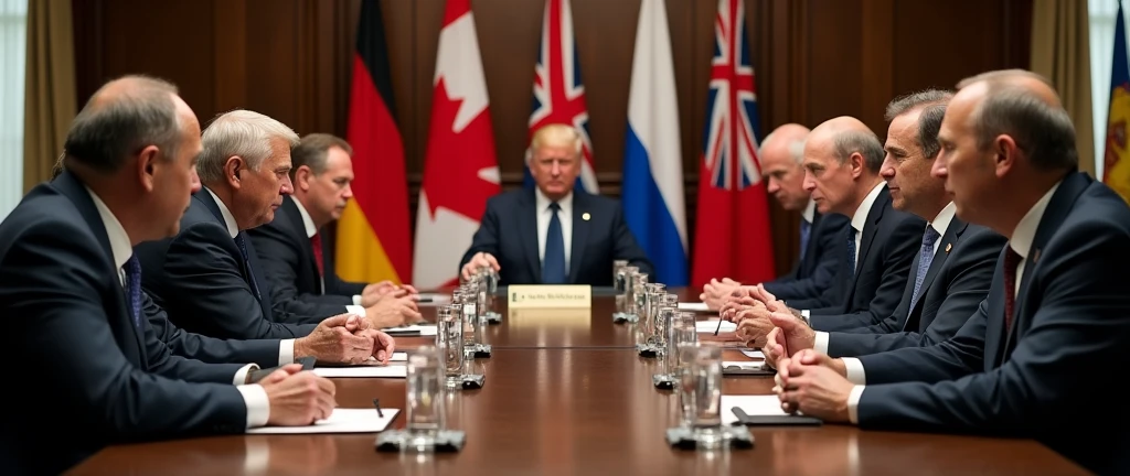 realistic photo of a meeting with the Presidents of the United States, Japan, Germany, Canada, France, Italy, United Kingdom and Russia, flags in the background