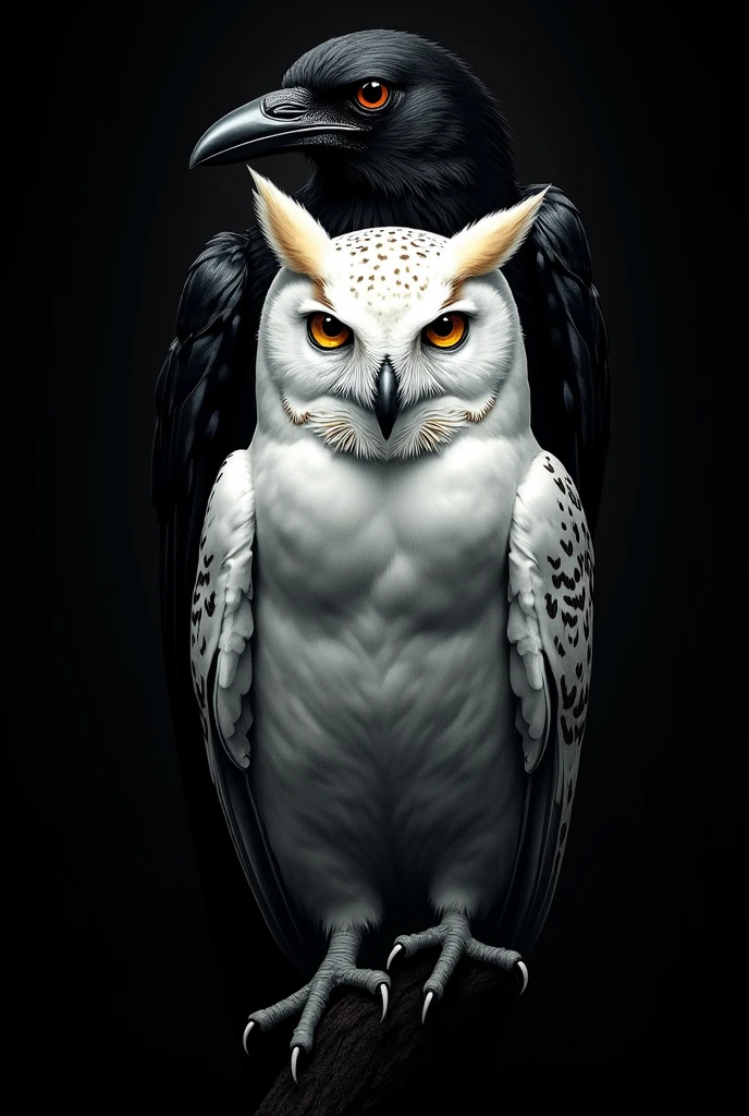 Tattoo where there is a white owl looking forward and behind it is a black crow, opaque black background