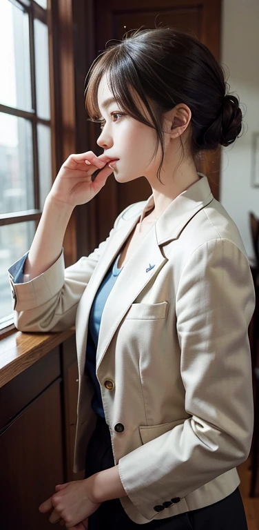masterpiece, 1 beautiful girl, detailed, Swollen eyes, Highest quality, 超High resolution, (reality: 1.4), Original photo, One Girl, Cinema Lighting, Looking out the window、profile、Asian Beauty, clean, so beautiful, Small young face, Beautiful Skin, thin, (High resolution), (8k), (非常にdetailed), (Best illustrations), (Beautiful and detailed eyes), (非常にdetailedな), (wallpaper), (detailedな顔), The audience is watching, detailedな顔, Pure erotic face ace_v1, Brown eyes, office lady,suit,Wearing a jacket