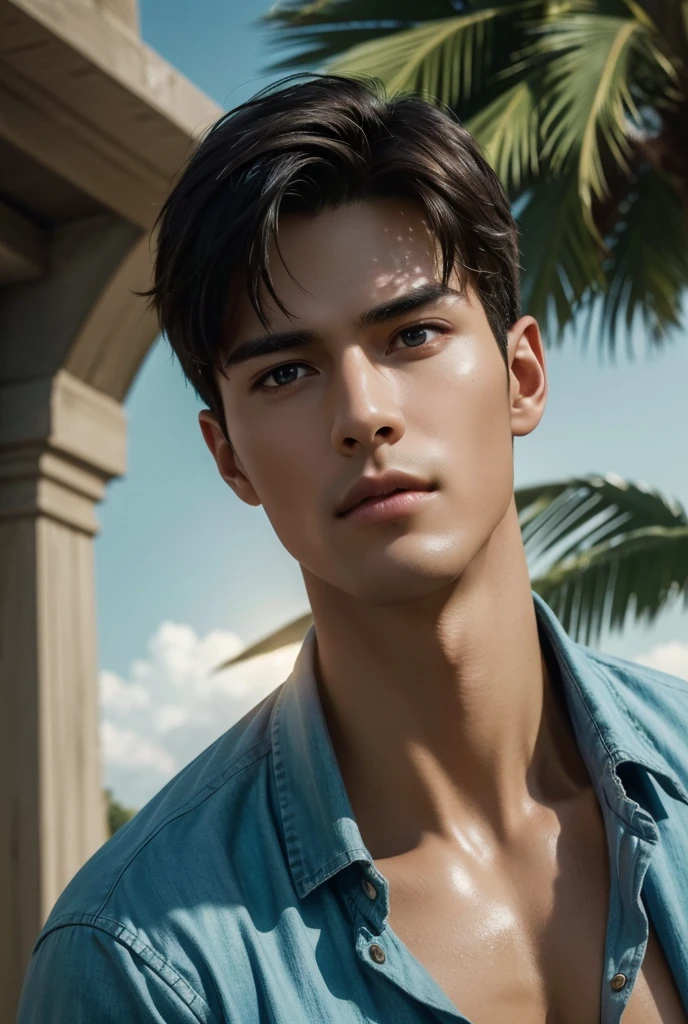 a tall handsome muscular man, solo, extremely detailed face and body, (shiny smooth skin), hot glow in his skin, perfect facial features, beautiful eyes, short hairstyle, sexy gaze, looking at the viewer romantically, explorer, (explorer's clothes, open shirt), ancient ruins, big lake, cloudy sky, lush nature, (best quality,4k,8k,highres,masterpiece:1.2),ultra-detailed,(realistic,photorealistic,photo-realistic:1.37),dramatic lighting,vibrant colors,cinematic composition