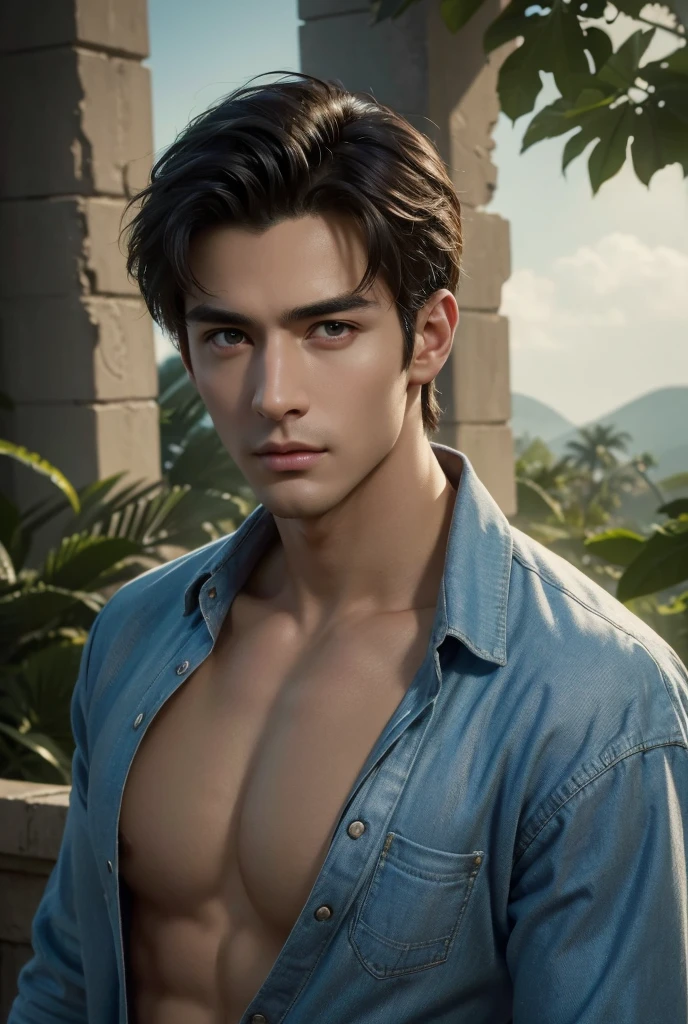 a tall handsome muscular man, solo, extremely detailed face and body, (shiny smooth skin), hot glow in his skin, perfect facial features, beautiful eyes, short hairstyle, sexy gaze, looking at the viewer romantically, explorer, (explorer's clothes, open shirt), ancient ruins, big lake, cloudy sky, lush nature, (best quality,4k,8k,highres,masterpiece:1.2),ultra-detailed,(realistic,photorealistic,photo-realistic:1.37),dramatic lighting,vibrant colors,cinematic composition