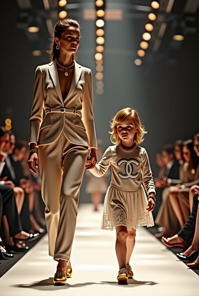 Extremely detailed mother and her little daughter wearing Chanel clothes walking in a real life fashion show