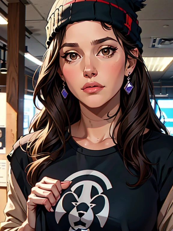 1girl, solo, long hair, black hair, written clothes, brown eyes, looking at the viewer, beanie, lips, upper body, closed mouth, shirt, earrings, https://i.postimg.cc/tCDfNDvp/Screenshot-20230606-212445.png