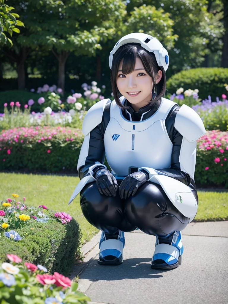 Japanese female android,Black Hair,White and blue robot suit,Plump,Looking at flowers in a flowerbed in the park,Squat,smile