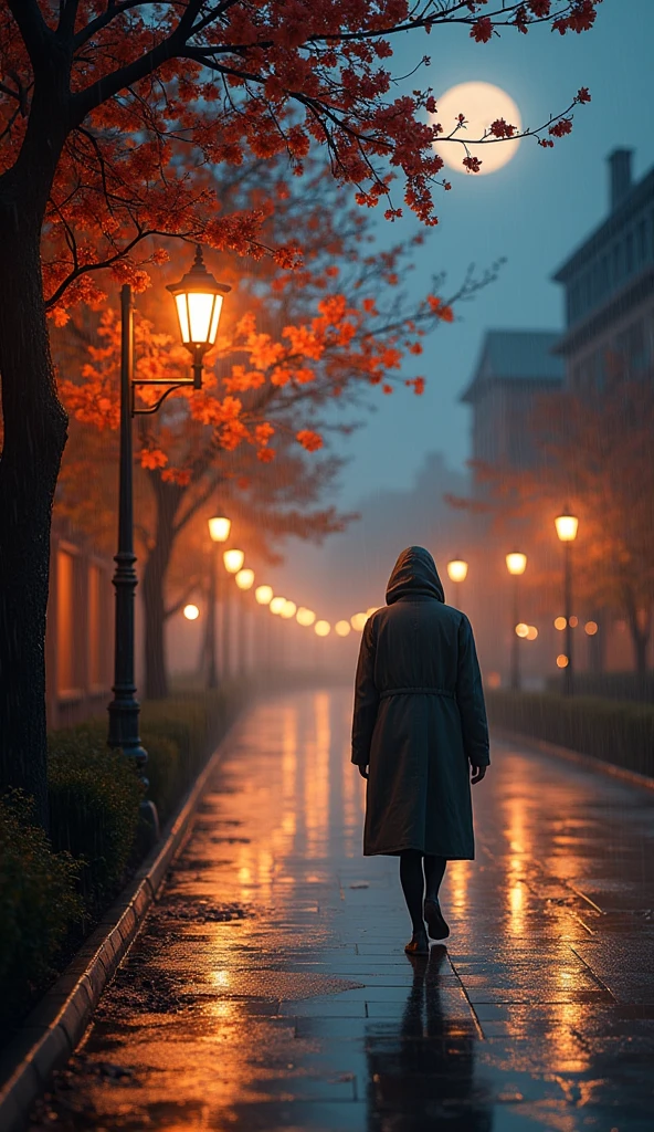 visual image or photograph,long shot photo,moonlit night ,rain.highlight the depth of field and quality, conveying a sense of happiness and a good life despite the rainy weather season, autumn season,walking street, lantern street light,rain drops,tree flower in street line.