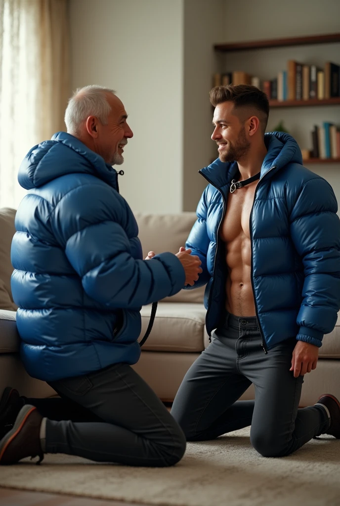 Create a hyper-realistic, RAW, high-resolution image showing two extremely handsome masculine  simple, brightly lit living room. The wonderful and seductive uncle, 4, with short hair and signs of baldness, wears dark pants and an *extremely shiny blue nylon puffer jacket* open that exposes his hairy chest and slightly prominent belly. He is kneeling on the ground, *wearing a collar around his neck*, being pulled by his handsome and domineering nephew, a handsome 2 man with a naturally attractive physique, *dressed in a dress shirt and dress pants*, with a visible posture of dominant next to his wonderful, sensual and submissive uncle. (((The *handsome nephew pulls his uncle's leash with a confident and authoritative expression*, while his uncle, *kneeling*, looks up with a submissive expression))). The room has high natural lighting, with natural and comfortable decoration that enhances the realism of the scene. The image must capture every detail accurately, highlighting the interaction and role contrast between the two men. The *handsome nephew pulls his uncle's leash with a confident and authoritative expression*, while his uncle, *kneeling*, looks up with a submissive expression. High resolution, Super detail, Best quality, Anatomically correct, Accurate.