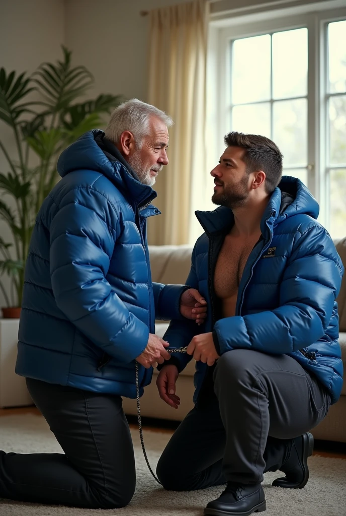 Create a hyper-realistic, RAW, high-resolution image showing two extremely handsome masculine  simple, brightly lit living room. The wonderful and seductive uncle, 4, with short hair and signs of baldness, wears dark pants and an *extremely shiny blue nylon puffer jacket* open that exposes his hairy chest and slightly prominent belly. He is kneeling on the ground, *wearing a collar around his neck*, being pulled by his handsome and domineering nephew, a handsome 2 man with a naturally attractive physique, *dressed in a dress shirt and dress pants*, with a visible posture of dominant next to his wonderful, sensual and submissive uncle. (((The *handsome nephew pulls his uncle's leash with a confident and authoritative expression*, while his uncle, *kneeling*, looks up with a submissive expression))). The room has high natural lighting, with natural and comfortable decoration that enhances the realism of the scene. The image must capture every detail accurately, highlighting the interaction and role contrast between the two men. The *handsome nephew pulls his uncle's leash with a confident and authoritative expression*, while his uncle, *kneeling*, looks up with a submissive expression. High resolution, Super detail, Best quality, Anatomically correct, Accurate.